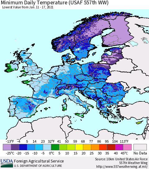Europe Minimum Daily Temperature (USAF 557th WW) Thematic Map For 1/11/2021 - 1/17/2021