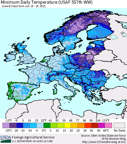 Europe Minimum Daily Temperature (USAF 557th WW) Thematic Map For 1/18/2021 - 1/24/2021