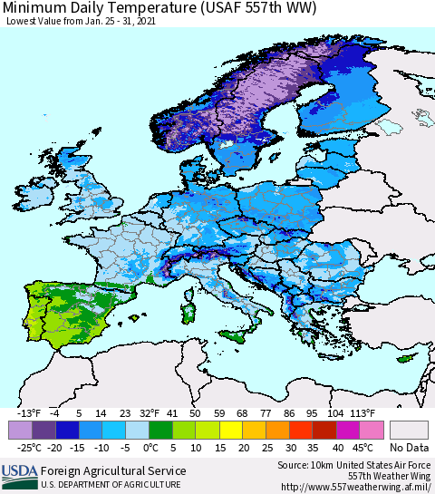 Europe Minimum Daily Temperature (USAF 557th WW) Thematic Map For 1/25/2021 - 1/31/2021