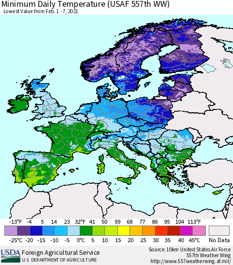 Europe Minimum Daily Temperature (USAF 557th WW) Thematic Map For 2/1/2021 - 2/7/2021