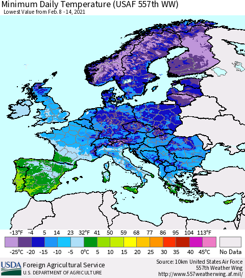 Europe Minimum Daily Temperature (USAF 557th WW) Thematic Map For 2/8/2021 - 2/14/2021