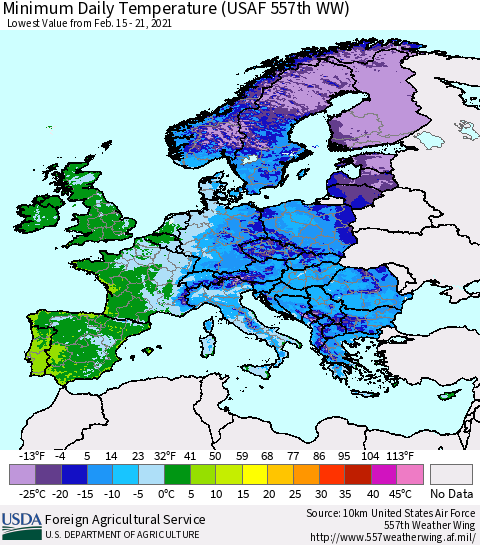 Europe Minimum Daily Temperature (USAF 557th WW) Thematic Map For 2/15/2021 - 2/21/2021