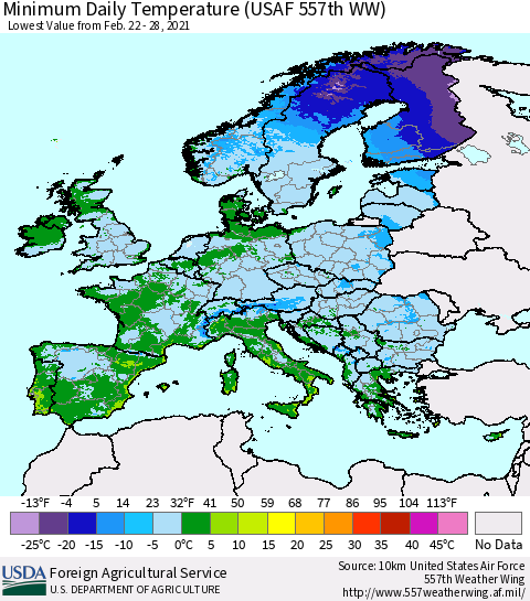 Europe Minimum Daily Temperature (USAF 557th WW) Thematic Map For 2/22/2021 - 2/28/2021