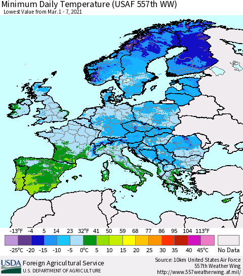 Europe Minimum Daily Temperature (USAF 557th WW) Thematic Map For 3/1/2021 - 3/7/2021