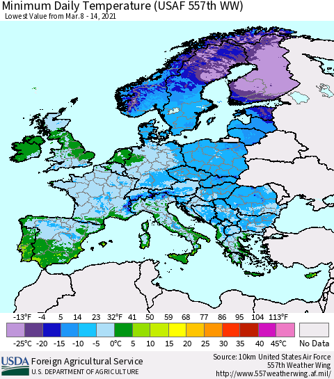 Europe Minimum Daily Temperature (USAF 557th WW) Thematic Map For 3/8/2021 - 3/14/2021