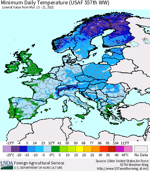 Europe Minimum Daily Temperature (USAF 557th WW) Thematic Map For 3/15/2021 - 3/21/2021