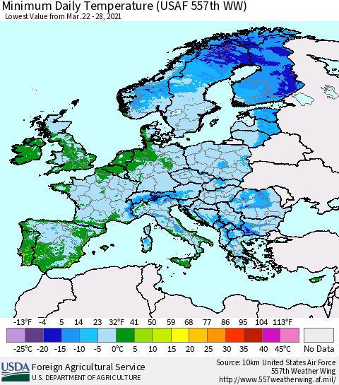 Europe Minimum Daily Temperature (USAF 557th WW) Thematic Map For 3/22/2021 - 3/28/2021