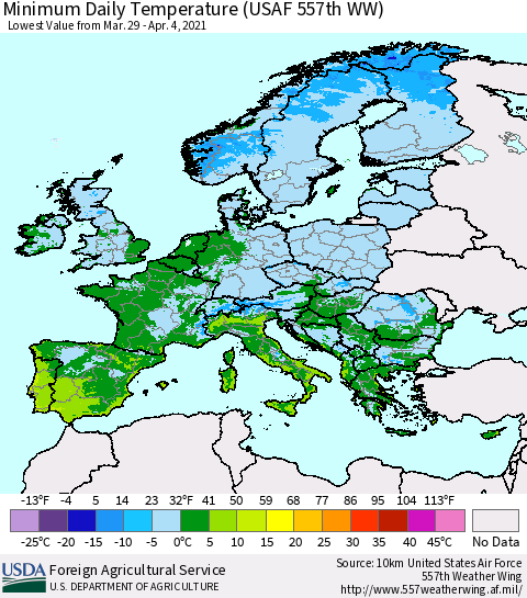 Europe Minimum Daily Temperature (USAF 557th WW) Thematic Map For 3/29/2021 - 4/4/2021