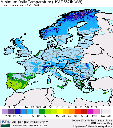 Europe Minimum Daily Temperature (USAF 557th WW) Thematic Map For 4/5/2021 - 4/11/2021