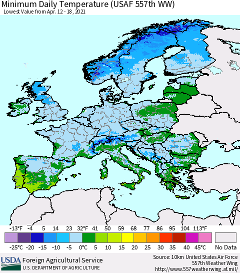 Europe Minimum Daily Temperature (USAF 557th WW) Thematic Map For 4/12/2021 - 4/18/2021