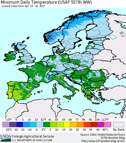 Europe Minimum Daily Temperature (USAF 557th WW) Thematic Map For 4/19/2021 - 4/25/2021