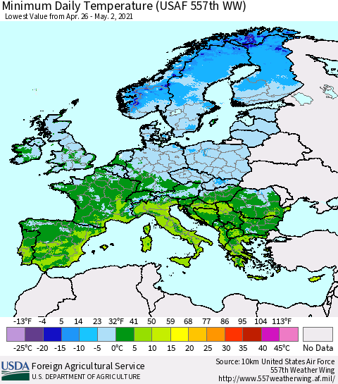 Europe Minimum Daily Temperature (USAF 557th WW) Thematic Map For 4/26/2021 - 5/2/2021