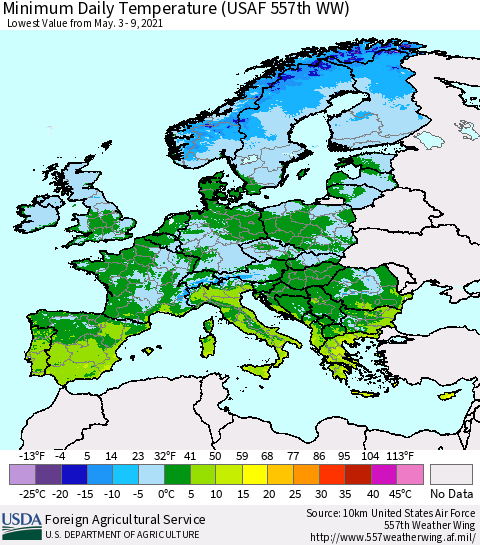 Europe Minimum Daily Temperature (USAF 557th WW) Thematic Map For 5/3/2021 - 5/9/2021