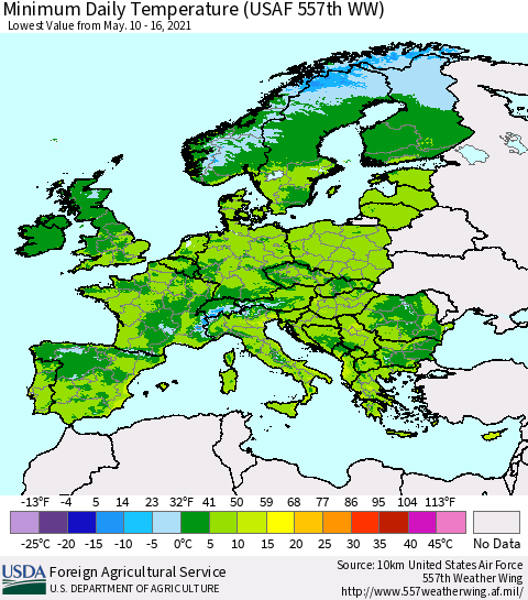 Europe Minimum Daily Temperature (USAF 557th WW) Thematic Map For 5/10/2021 - 5/16/2021