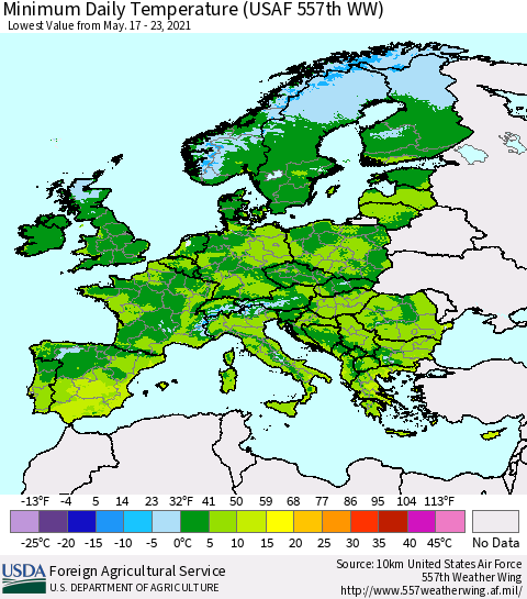 Europe Minimum Daily Temperature (USAF 557th WW) Thematic Map For 5/17/2021 - 5/23/2021