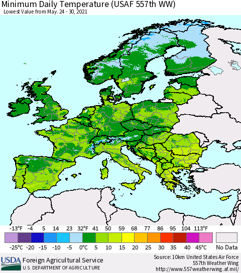 Europe Minimum Daily Temperature (USAF 557th WW) Thematic Map For 5/24/2021 - 5/30/2021