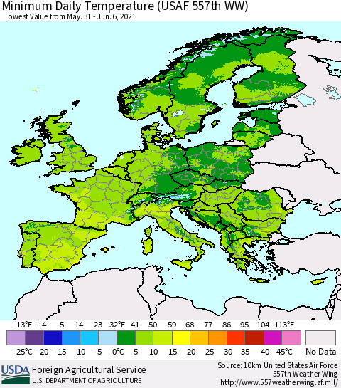 Europe Minimum Daily Temperature (USAF 557th WW) Thematic Map For 5/31/2021 - 6/6/2021