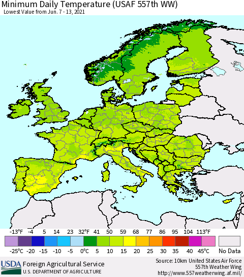 Europe Minimum Daily Temperature (USAF 557th WW) Thematic Map For 6/7/2021 - 6/13/2021