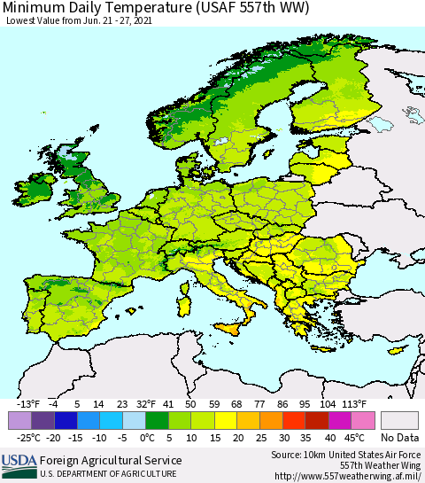 Europe Minimum Daily Temperature (USAF 557th WW) Thematic Map For 6/21/2021 - 6/27/2021