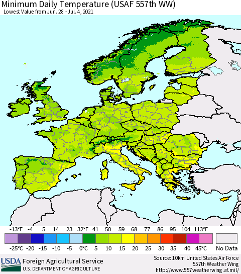 Europe Minimum Daily Temperature (USAF 557th WW) Thematic Map For 6/28/2021 - 7/4/2021