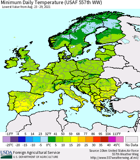 Europe Minimum Daily Temperature (USAF 557th WW) Thematic Map For 8/23/2021 - 8/29/2021