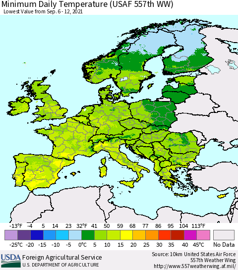 Europe Minimum Daily Temperature (USAF 557th WW) Thematic Map For 9/6/2021 - 9/12/2021