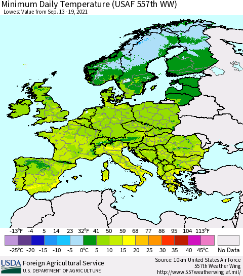 Europe Minimum Daily Temperature (USAF 557th WW) Thematic Map For 9/13/2021 - 9/19/2021