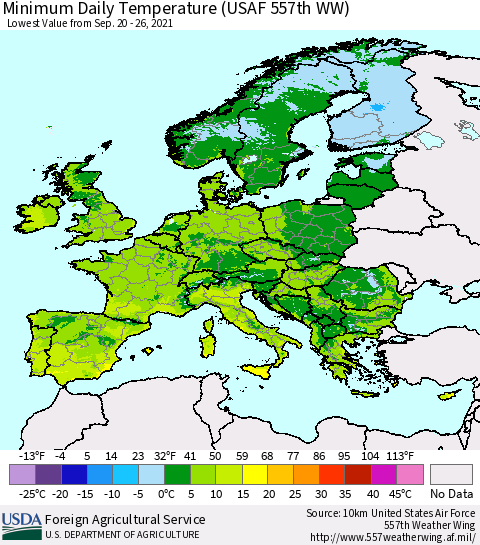 Europe Minimum Daily Temperature (USAF 557th WW) Thematic Map For 9/20/2021 - 9/26/2021