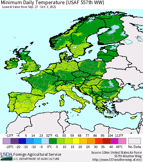 Europe Minimum Daily Temperature (USAF 557th WW) Thematic Map For 9/27/2021 - 10/3/2021