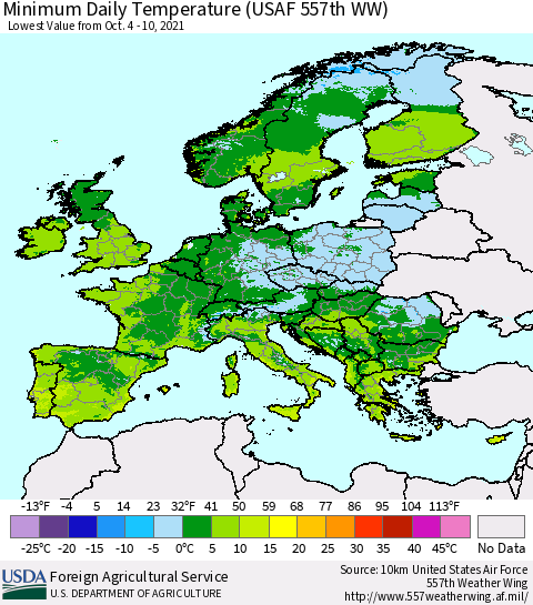 Europe Minimum Daily Temperature (USAF 557th WW) Thematic Map For 10/4/2021 - 10/10/2021