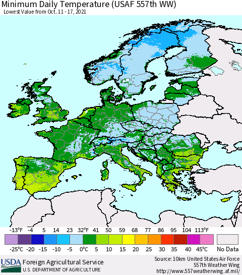 Europe Minimum Daily Temperature (USAF 557th WW) Thematic Map For 10/11/2021 - 10/17/2021