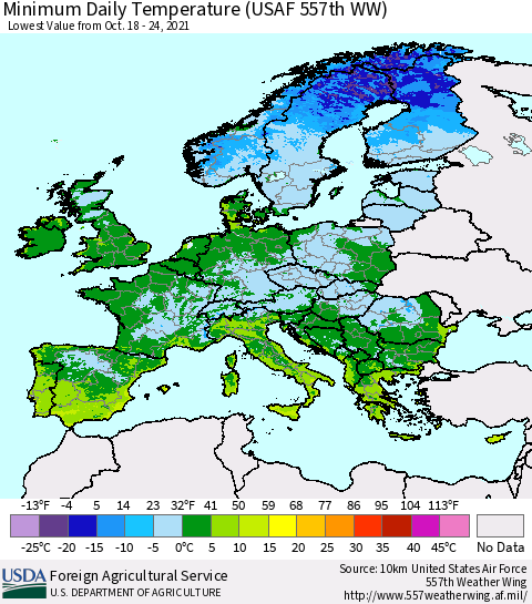 Europe Minimum Daily Temperature (USAF 557th WW) Thematic Map For 10/18/2021 - 10/24/2021