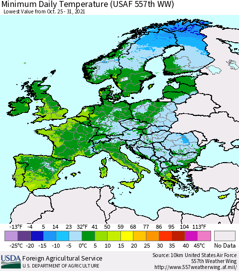 Europe Minimum Daily Temperature (USAF 557th WW) Thematic Map For 10/25/2021 - 10/31/2021