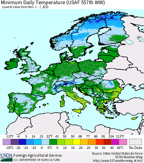 Europe Minimum Daily Temperature (USAF 557th WW) Thematic Map For 11/1/2021 - 11/7/2021