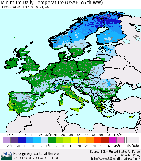 Europe Minimum Daily Temperature (USAF 557th WW) Thematic Map For 11/15/2021 - 11/21/2021