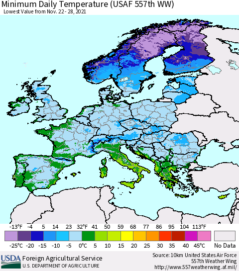 Europe Minimum Daily Temperature (USAF 557th WW) Thematic Map For 11/22/2021 - 11/28/2021