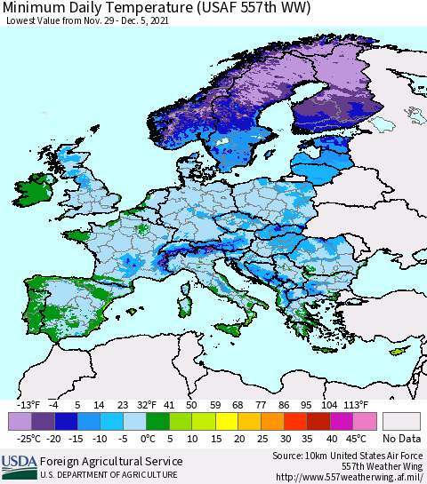 Europe Minimum Daily Temperature (USAF 557th WW) Thematic Map For 11/29/2021 - 12/5/2021