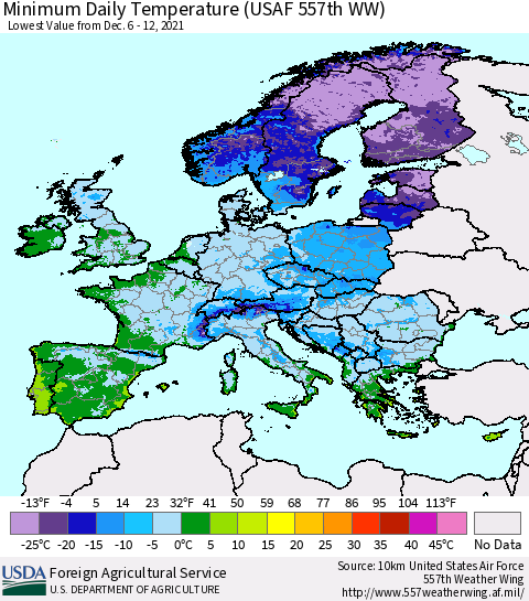 Europe Minimum Daily Temperature (USAF 557th WW) Thematic Map For 12/6/2021 - 12/12/2021