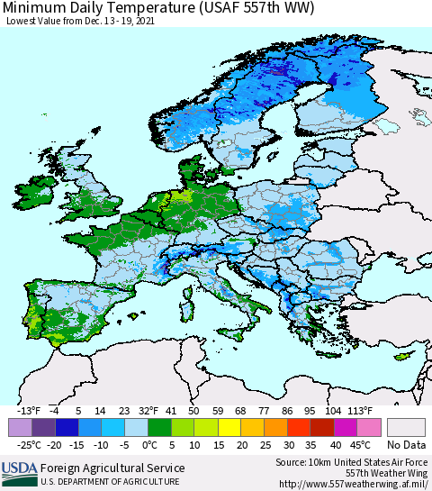 Europe Minimum Daily Temperature (USAF 557th WW) Thematic Map For 12/13/2021 - 12/19/2021