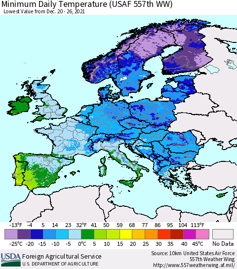 Europe Minimum Daily Temperature (USAF 557th WW) Thematic Map For 12/20/2021 - 12/26/2021