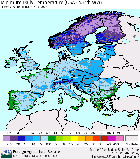 Europe Minimum Daily Temperature (USAF 557th WW) Thematic Map For 1/3/2022 - 1/9/2022