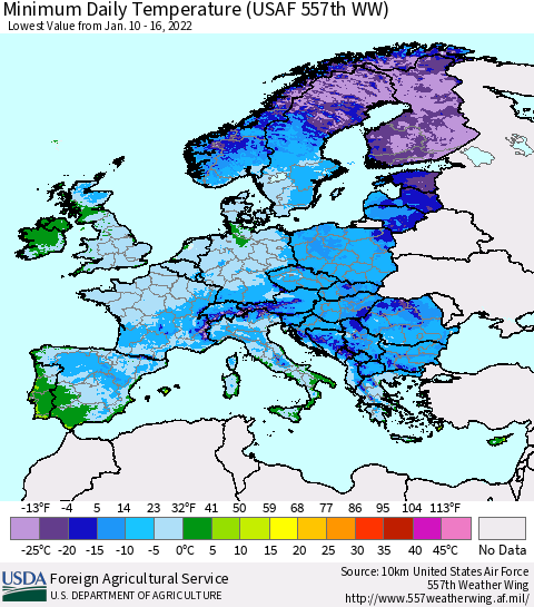 Europe Minimum Daily Temperature (USAF 557th WW) Thematic Map For 1/10/2022 - 1/16/2022