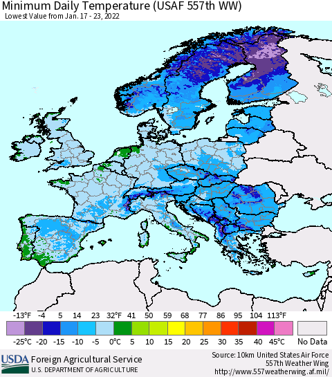Europe Minimum Daily Temperature (USAF 557th WW) Thematic Map For 1/17/2022 - 1/23/2022