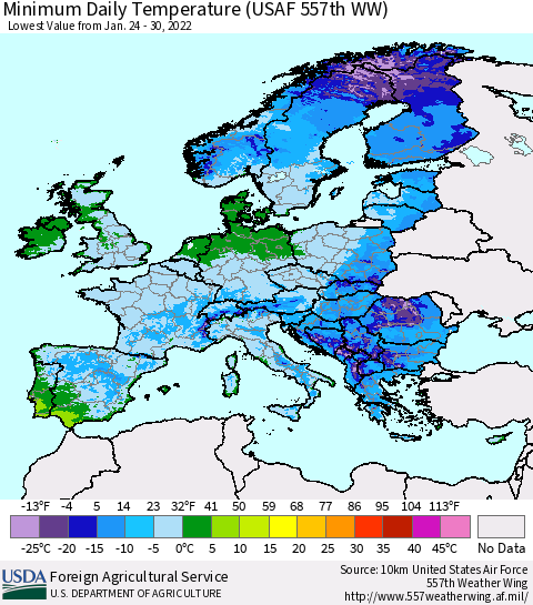 Europe Minimum Daily Temperature (USAF 557th WW) Thematic Map For 1/24/2022 - 1/30/2022