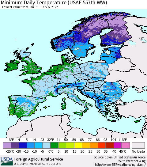 Europe Minimum Daily Temperature (USAF 557th WW) Thematic Map For 1/31/2022 - 2/6/2022
