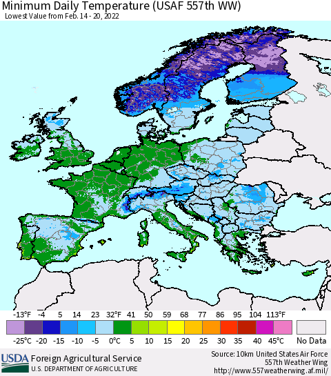 Europe Minimum Daily Temperature (USAF 557th WW) Thematic Map For 2/14/2022 - 2/20/2022