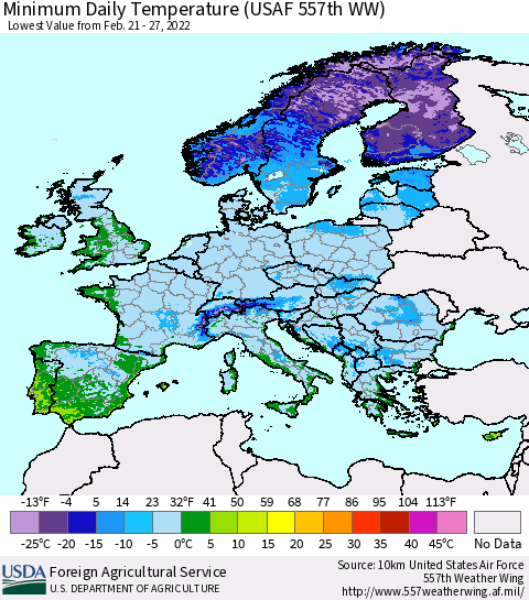 Europe Minimum Daily Temperature (USAF 557th WW) Thematic Map For 2/21/2022 - 2/27/2022