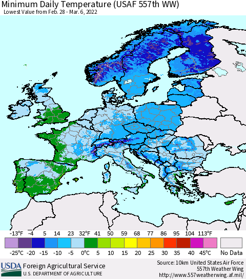 Europe Minimum Daily Temperature (USAF 557th WW) Thematic Map For 2/28/2022 - 3/6/2022