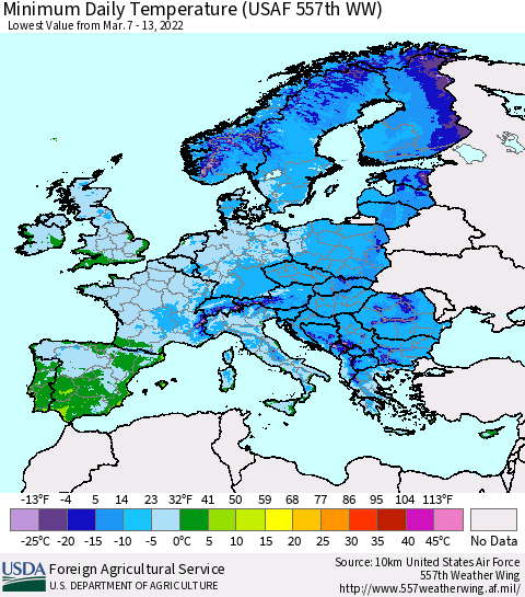 Europe Minimum Daily Temperature (USAF 557th WW) Thematic Map For 3/7/2022 - 3/13/2022