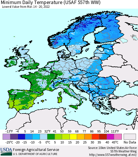 Europe Minimum Daily Temperature (USAF 557th WW) Thematic Map For 3/14/2022 - 3/20/2022